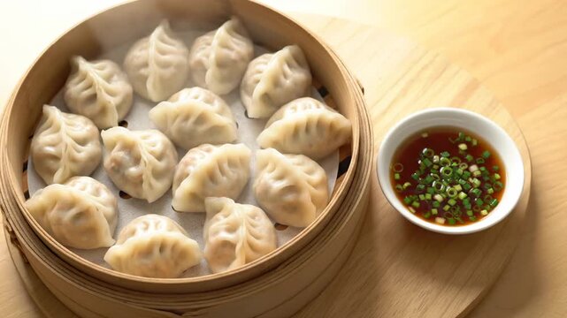 Steamed Korean Dumplings in Bamboo Steamer - A close-up of steamed Korean mandu arranged in a bamboo steamer basket, accompanied by a small bowl of dipping sauce.