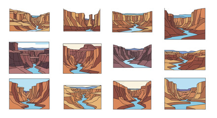Set of stylized canyon landscape illustrations with a river.