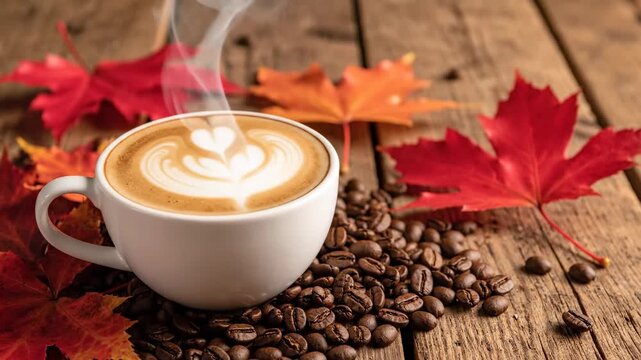 Steaming Coffee Latte Art with Autumn Leaves - A close-up video showcases a steaming cup of coffee with beautiful latte art.