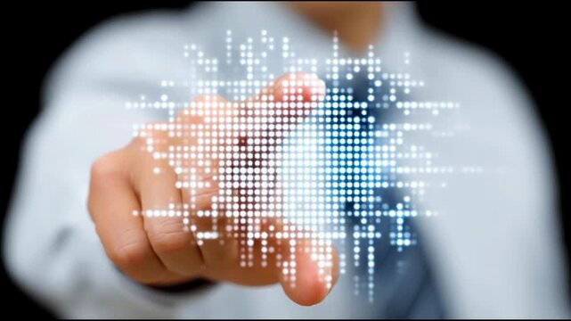 Individual touching a button with a finger indicating interaction with a digital interface or control mechanism.  Touching Digital Interface Button &ndash; Animated Video Version