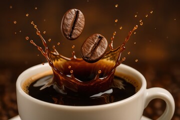 Dynamic coffee splash action photography in a warm environment highlights rich texture and flavor