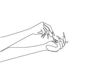 Continuous one line drawing hands painting nails. Beautify yourself by following beauty trends. Look glamorous and elegant. Care. National Nail Polish Day. Single line draw design vector illustration