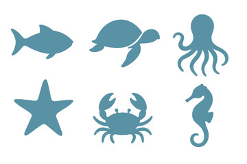 Fototapeta premium Blue monochromatic silhouettes featuring diverse marine animals and underwater fauna
