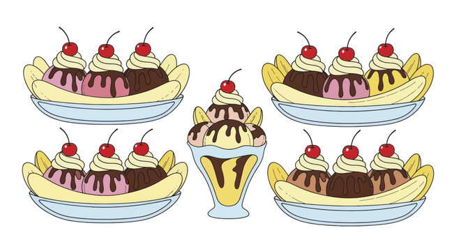 Collection of colorful cartoon banana split and ice cream sundae desserts.