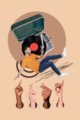 Collage with funky person dancing on vinyl record player diverse hands showing expressive finger gestures