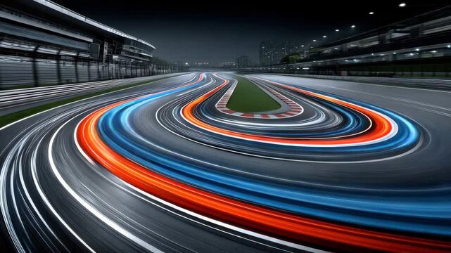 Vibrant lights racing along a twisty track at night showcasing the thrill of motorsport action