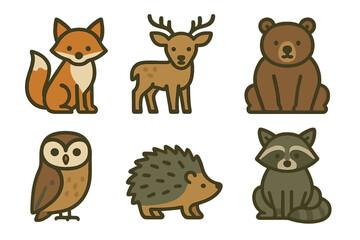 Fototapeta premium Set of six cute forest animals featuring a fox, deer, bear, owl, hedgehog, and raccoon icons