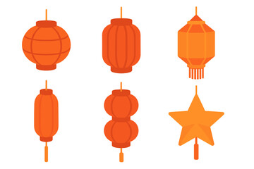 Assortment of traditional orange and yellow hanging lanterns and a star ornament