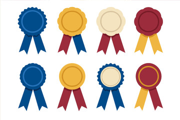 Set of eight colorful award rosettes and blank badges with ribbons for achievement recognition
