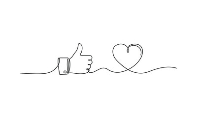 Continuous line drawing of like symbol and love heart for social media approval expressing positive emotions and minimalist art concept