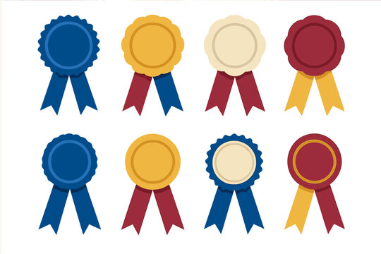 Set of eight colorful award rosettes and blank badges with ribbons for achievement recognition