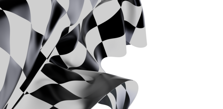 A digitally rendered image of a checkered flag, with the flag waving and isolated on a white background, ready to be used for race related conce