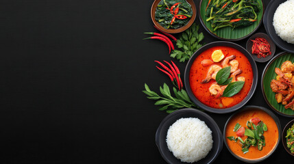 An overhead shot displays an appetizing assortment of authentic Thai cuisine with vibrant spices served on a dark surface, offe a delightful culinary experience.