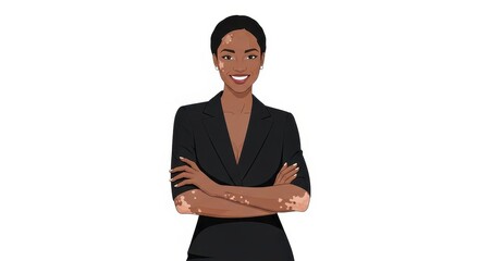 confident woman with vitiligo in black suit smiling with arms crossed against white background. psoriasis awareness month. diversity, healthcare, dermatology, vitiligo