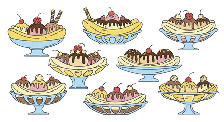 Collection of various banana split ice cream sundaes.