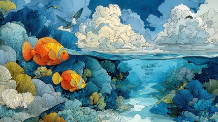 Vibrant underwater landscape, colorful coral reef with diverse marine life, tranquil blue water and soft clouds above.
