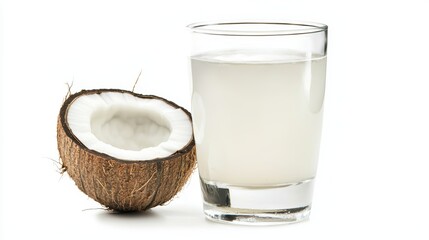 Fresh Coconut Milk in Clear Glass Container with Half Nut Placed Nearby on White Surface