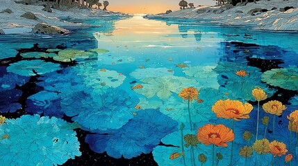 Colorful water lilies floating, serene water garden scene with vibrant blues and oranges, perfect for calming backgrounds.
