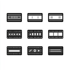 Media Player and Filmstrip Icons Set, Monochromatic Vector Illustration for Digital Interface Design