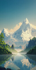 Mountain landscape with lake and mountains. Minimalist backdrop. Nature, success, travel, holiday concept
