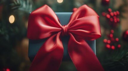 Bright Red Satin Ribbon Formed into Elegant Curly Bow for Holiday Gift Wrapping and Festive Decorations