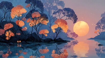 Tranquil sunset over serene lake, vibrant colors reflecting on water, lush trees framing the scene, peaceful nature setting.