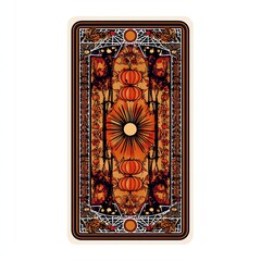 Mystic Autumn Tarot Card: A beautifully intricate tarot card back design featuring autumnal motifs like pumpkins, sunbursts, and gothic lace, evoking a sense of mystery and the magic of the season.