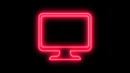 A glowing red neon outline of a modern computer monitor screen, symbolizing digital technology and electronic communication, isolated on black background