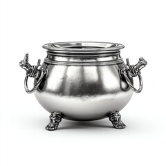 Antique Silver Cauldron: A meticulously crafted antique silver cauldron stands with a sleek, polished surface. with a detailed view and capture the elegance of this historical object.