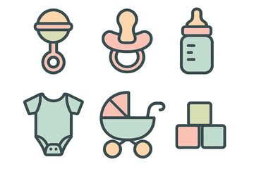 Colorful icons representing essential newborn and infant care items and accessories