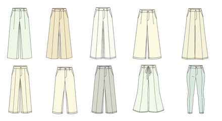 Set of womens pants in various styles fashion flat technical drawing vector illustration.