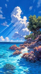Serene coastal landscape, vibrant turquoise waves gently lapping rocky shore, lush greenery under clear blue skies, perfect for relaxation.