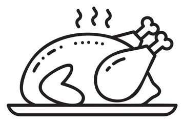 Black outline icon of a cooked turkey with steam rising, placed on a platter, showcasing its two drumsticks prominently.