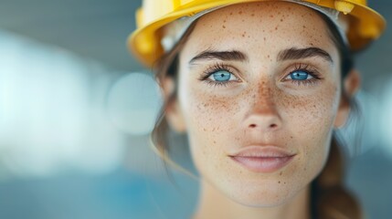 Close-up portrait of young woman with striking blue eyes wearing protective hard hat on construction site
