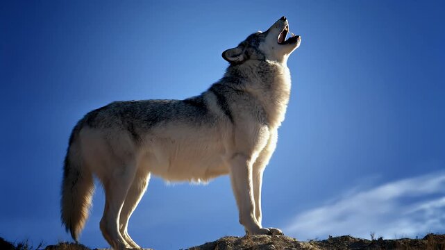 Lone wolf howling atop a rocky hill