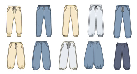 Set of colorful sweatpants and joggers vector illustrations.