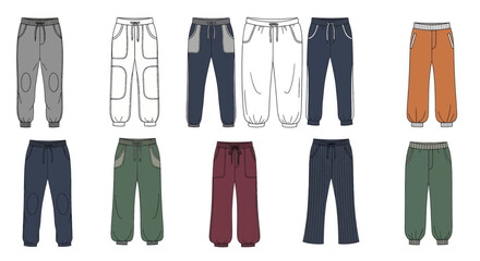 Set of colorful sweatpants and jogger pants fashion flat technical drawings Vector illustration collection for apparel design.