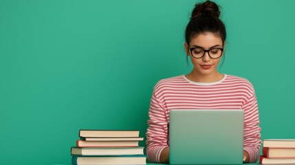 Young student attending online class at home desk surrounded by books and notebooks for education