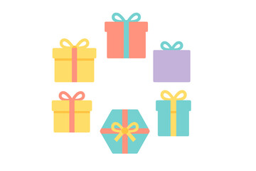 Six colorful wrapped gift boxes with decorative ribbons arranged in a circular pattern