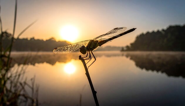 A golden dragonfly perched on a twig, silhouetted against a serene lake at sunrise with the sun reflected in the water and misty background