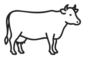 Fototapeta premium Simple black outline of a cow with horns and visible udder, showcasing minimalist design suitable for farm and agriculture concepts.