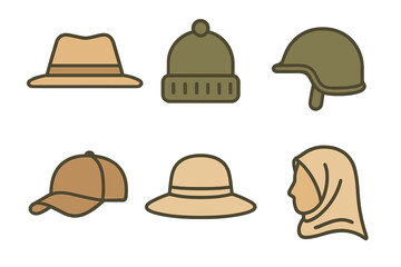 Fototapeta premium Diverse set of head coverings and protective gear icons representing fashion, culture, and safety