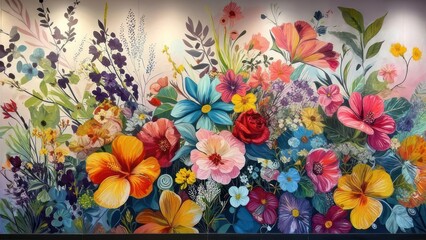 Vibrant and colorful floral painting with a rich variety of flowers.