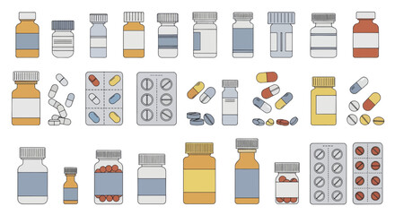 Set of medicine bottles pills and capsules illustration.