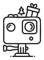Black outline icon of an action camera decorated with a wrapped gift box and small pine tree, suggesting a holiday theme.