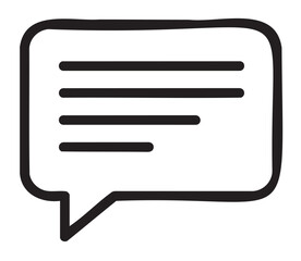 Simple black outline icon of a speech bubble with three horizontal lines representing text. minimal design for communication and messaging concepts.