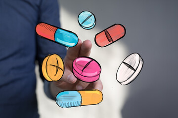Colorful hand drawn pills and capsules illustration. Perfect for healthcare, medicine, pharmacy, and health concepts.