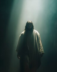 Minimalist sacred portrait of Christ with soft backlight.