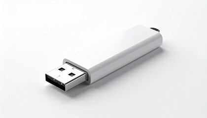 A clean, white, minimalist USB flash drive lying on a light grey surface, showcasing its modern design