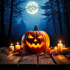 Eerie Halloween Pumpkin and Candles at Night